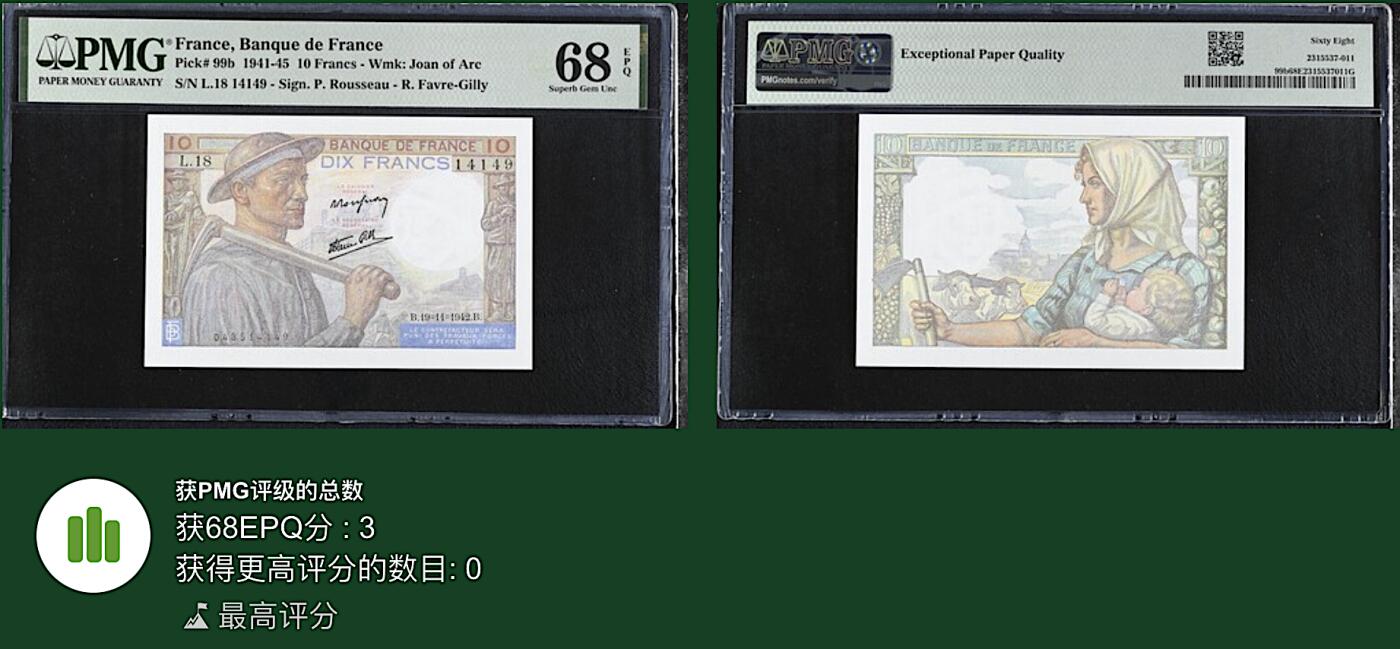 《艾美收藏》第216期-10.19周日外币超白金场 法国10法郎 PMG68E 1942年 矿工 冠军分 仅3张