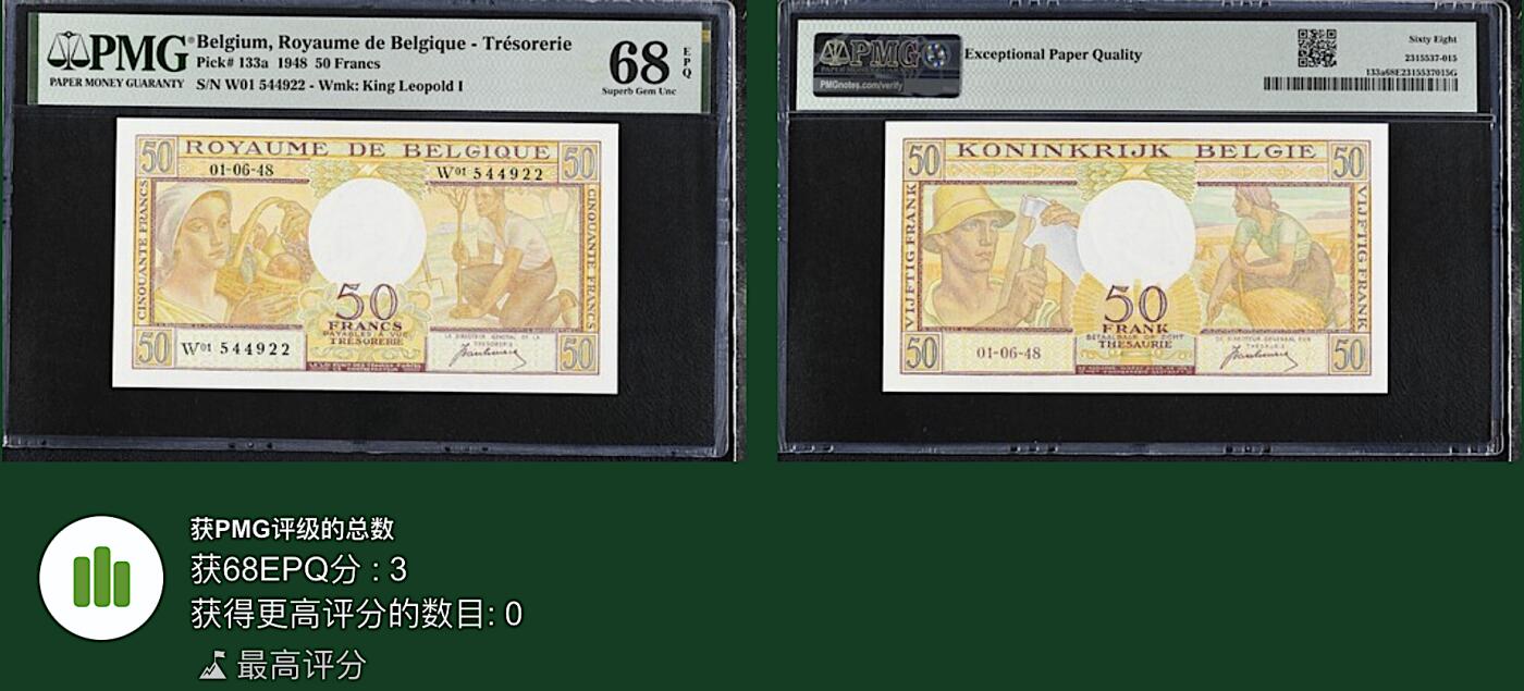 《艾美收藏》第216期-10.19周日外币超白金场 比利时50法郎 PMG68E 1948年首发a版 冠军分 仅3张