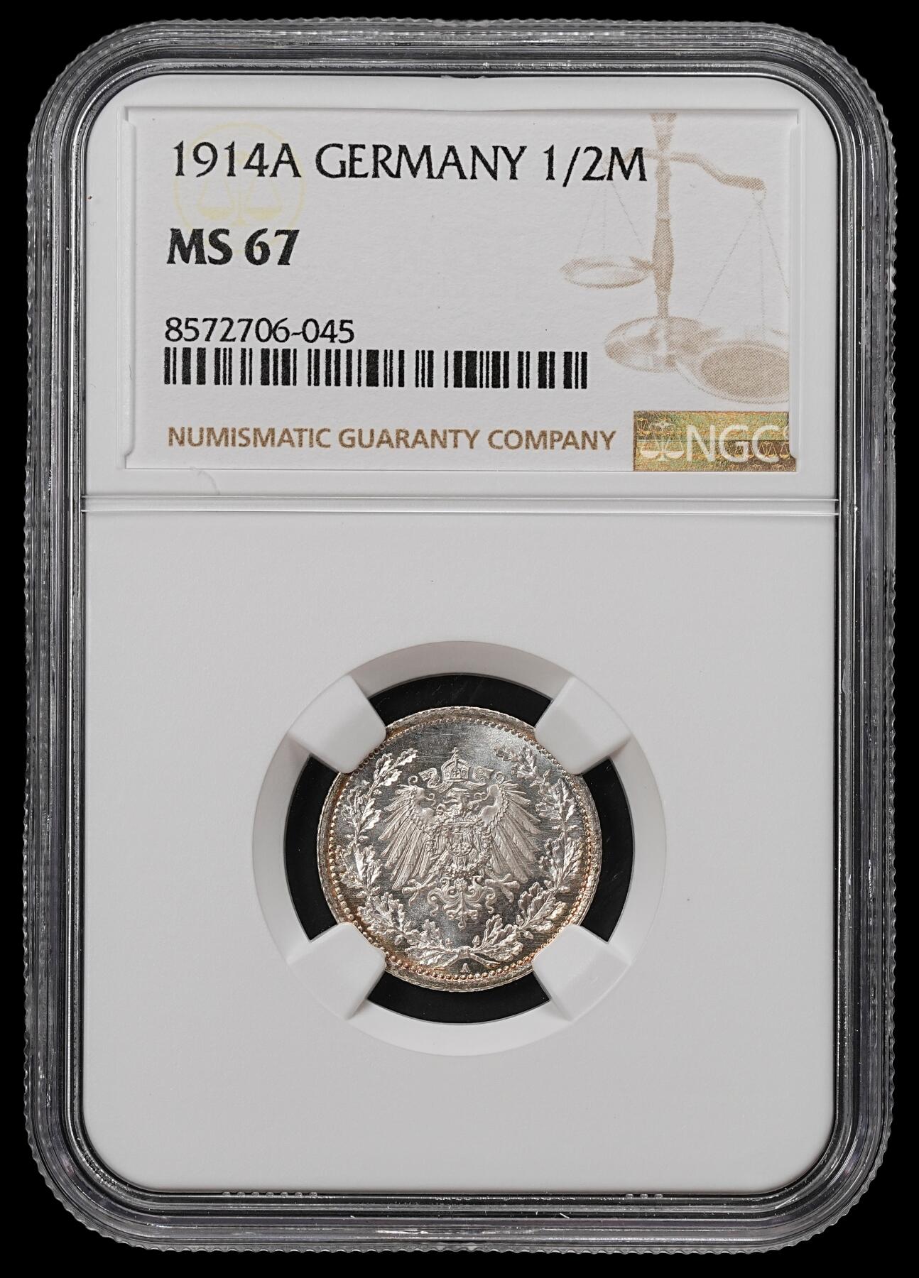 修遠堂世界钱币第八十九期 NGC MS67 1914年德国1/2马克银币 A厂铭