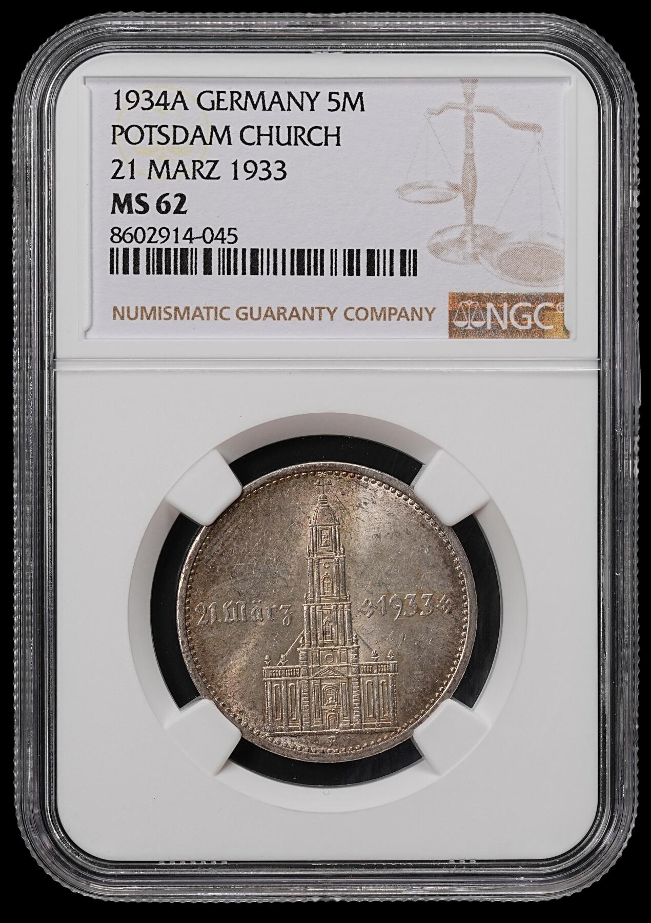 修遠堂世界钱币第八十九期 NGC MS62 1934年德国教堂5马克银币 A厂铭 加字
