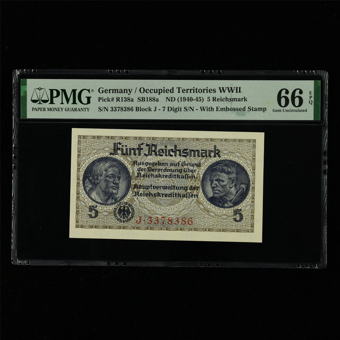 【亘邦集藏】第214期拍卖 1940-45年 德国5马克 PMG 66EPQ 3378386