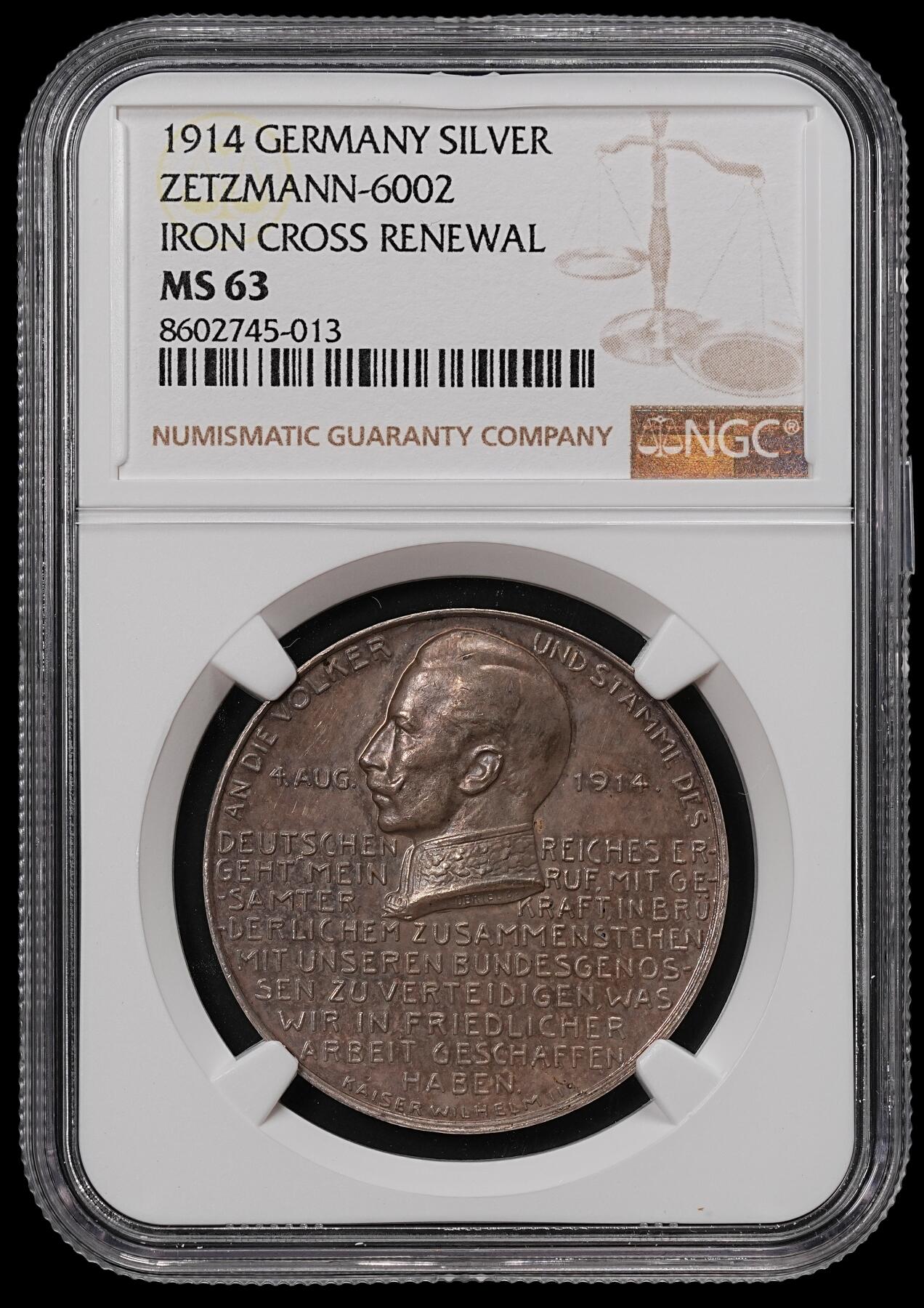 修遠堂世界钱币第八十九期 NGC MS63 1914年德国一战动员银章