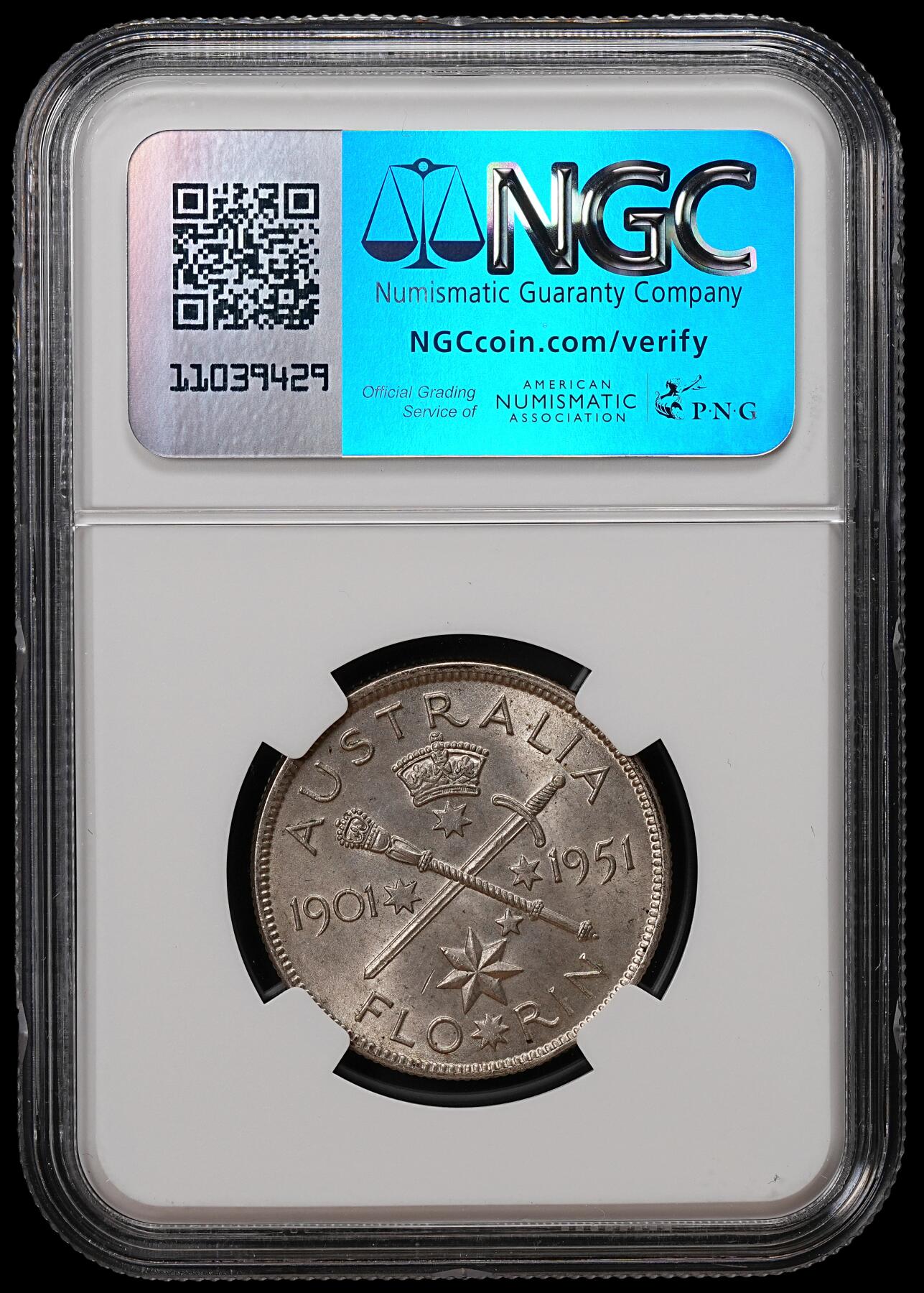 修遠堂世界钱币第八十九期 NGC MS62 1951年澳大利亚联邦50周年纪念1佛罗林银币