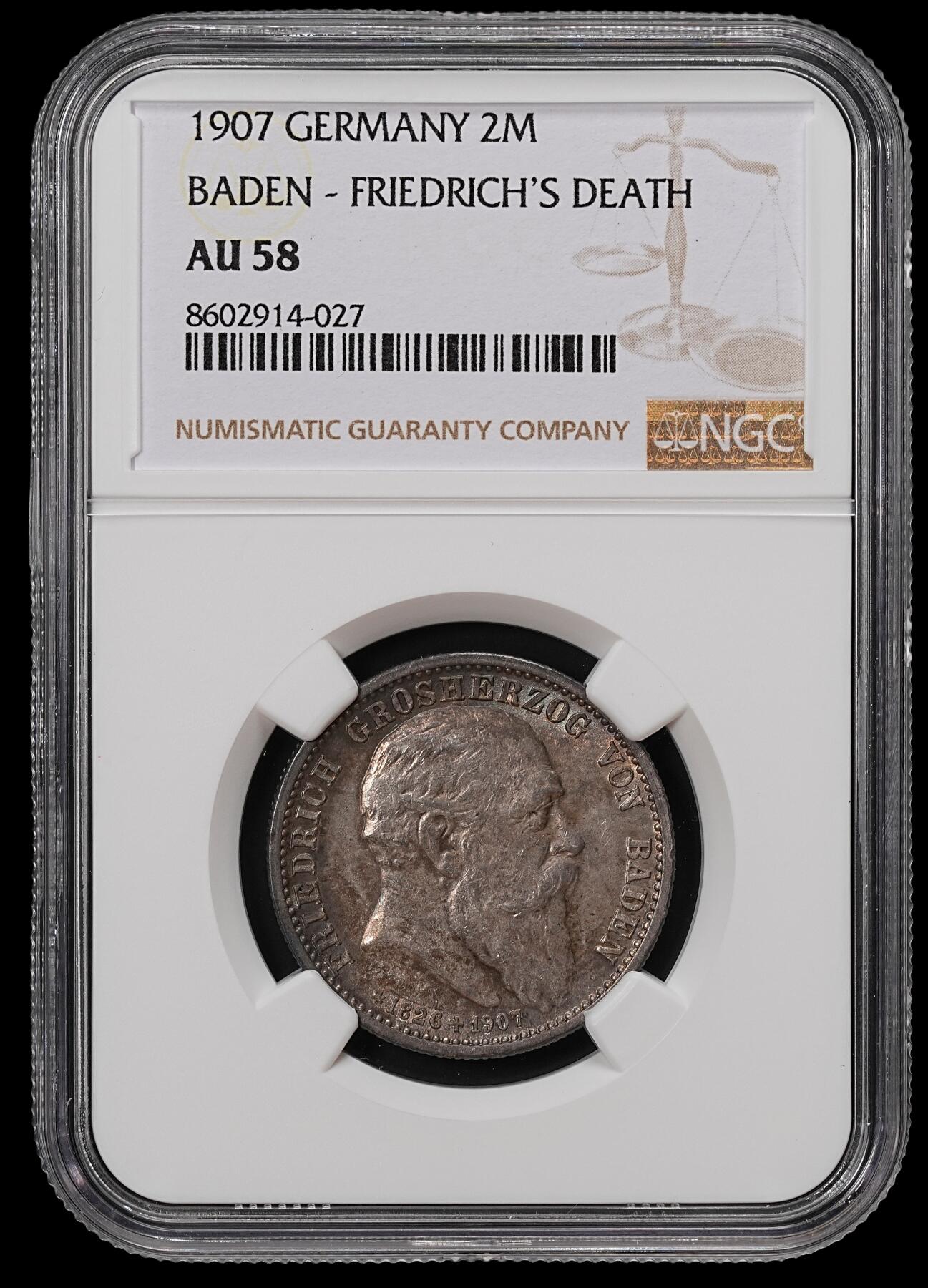 修遠堂世界钱币第八十九期 NGC AU58 1907年巴登国王逝世纪念2马克银币 MS品相 评分明显不合理