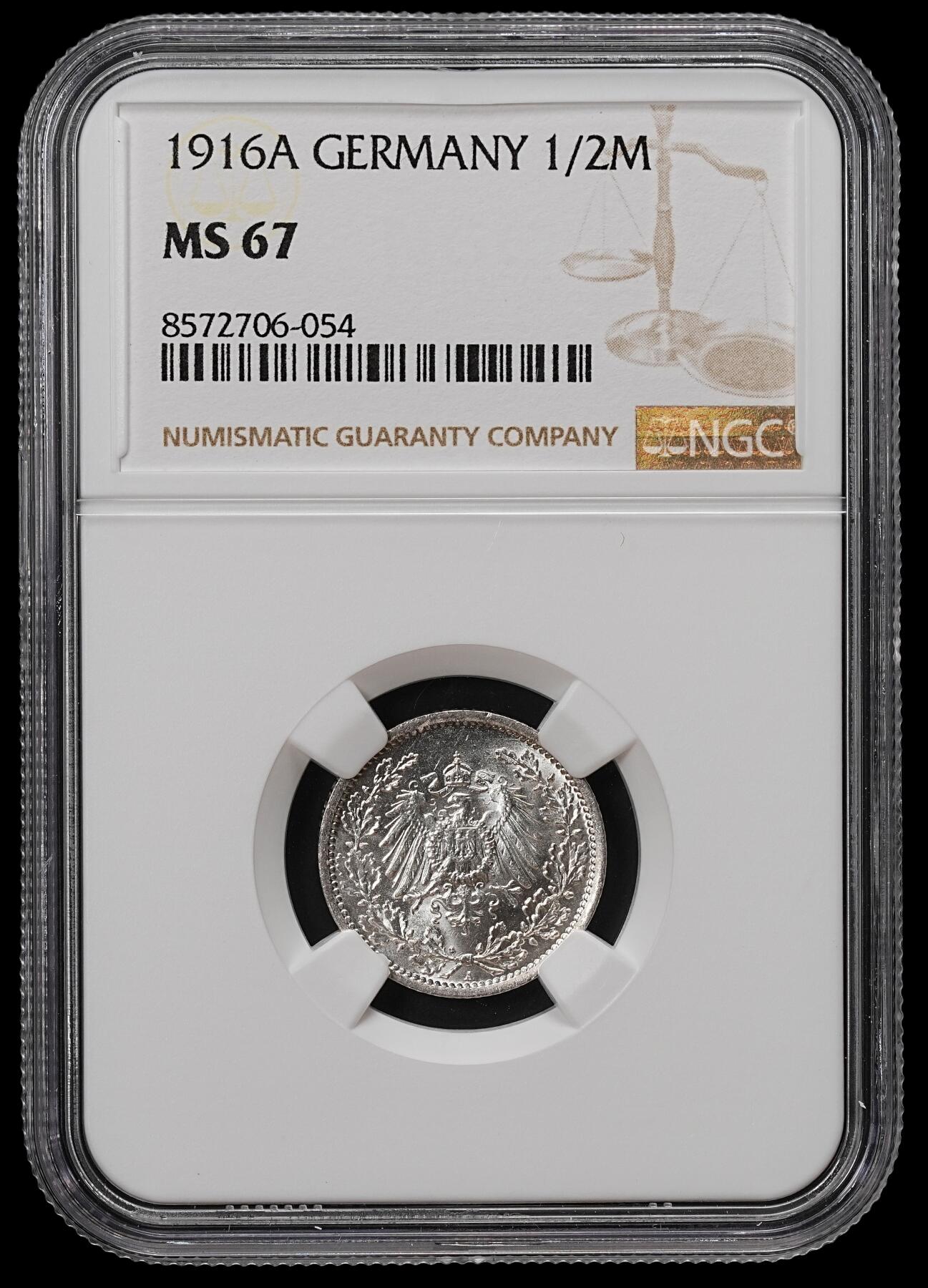 修遠堂世界钱币第八十九期 NGC MS67 1916年德国1/2马克银币 A厂铭 