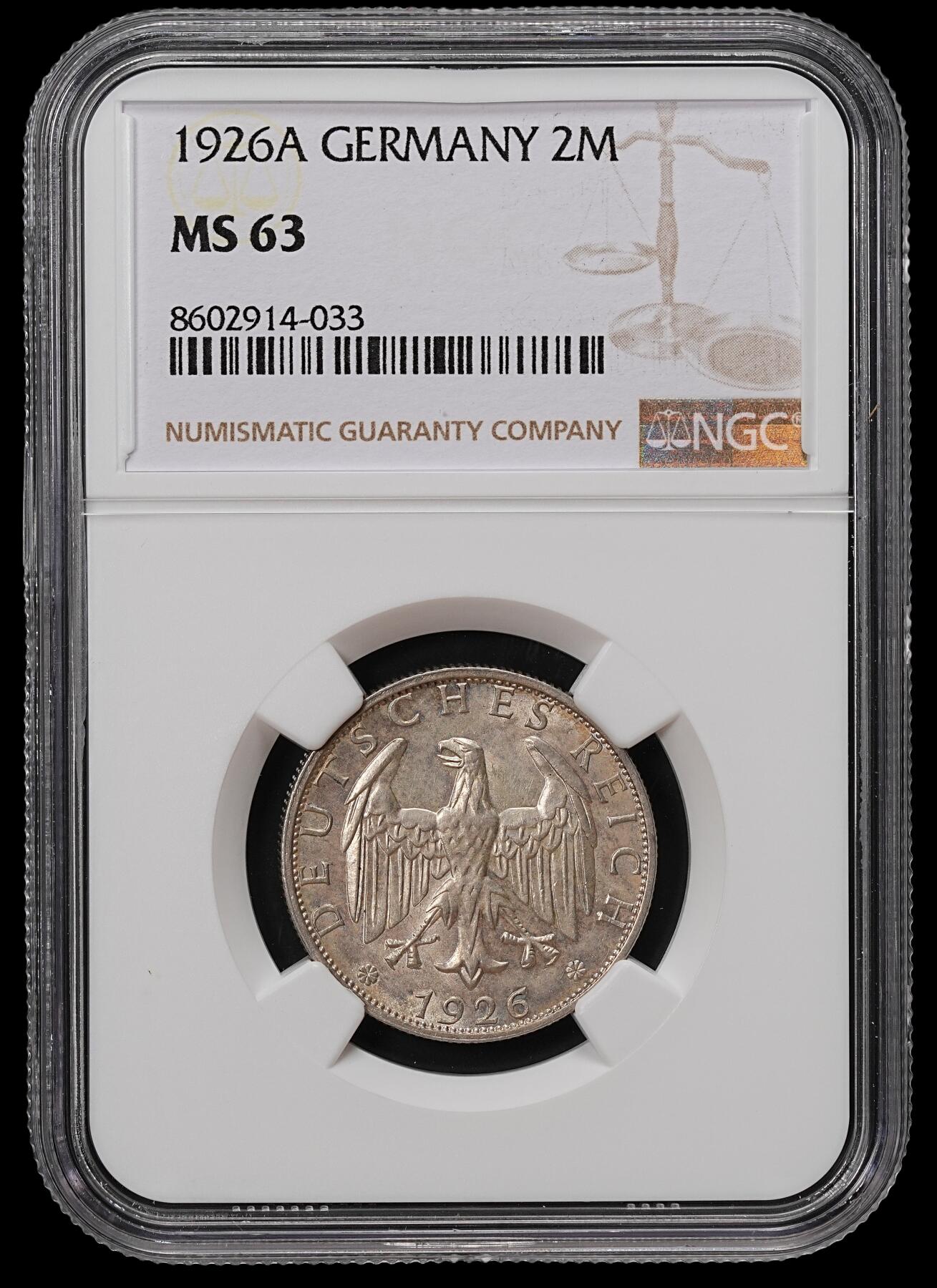 修遠堂世界钱币第八十九期 NGC MS63 1926年德国2马克银币 A厂铭