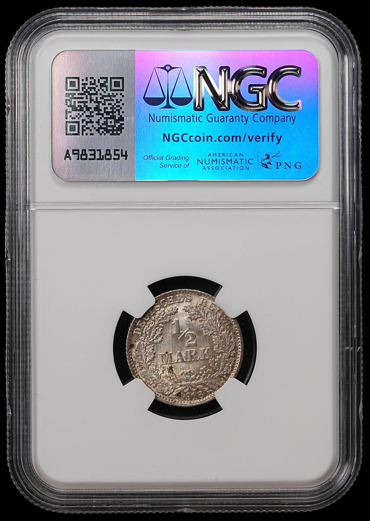 修遠堂世界钱币第八十九期 NGC MS64 1918年德国1/2马克银币 D厂铭