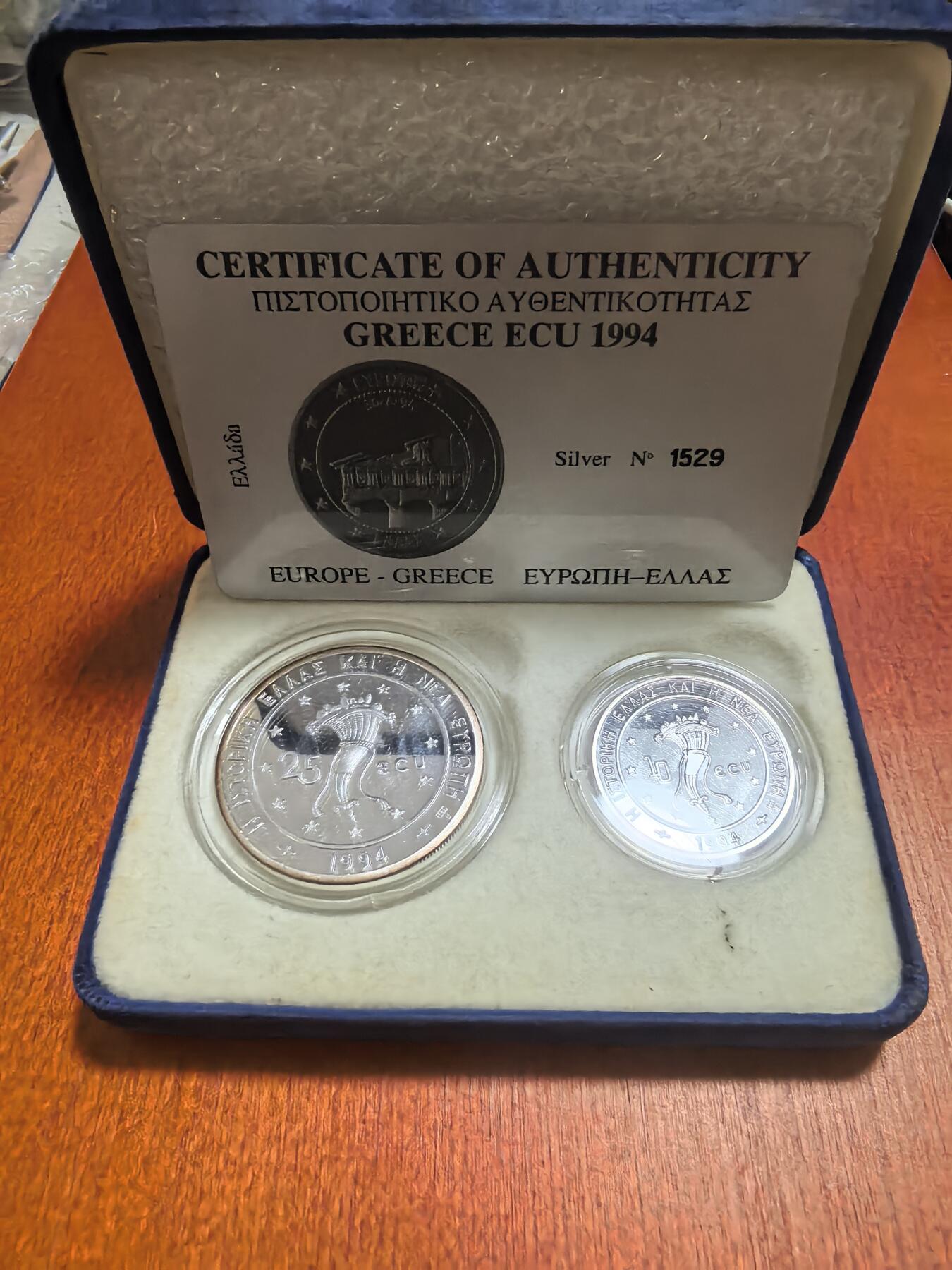 长老汇蛇年精选第六十二场拍卖 珍稀币！1994希腊雅典卫城10+25埃居精制银币2枚套，38克999银，盒证全，2000套