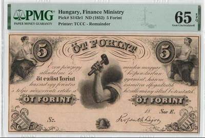 匈牙利 1852年 5福林 173年老钞 PMG65 EPQ 季军分 - 匈牙利 1852年 5福林 173年老钞 PMG65 EPQ 季军分