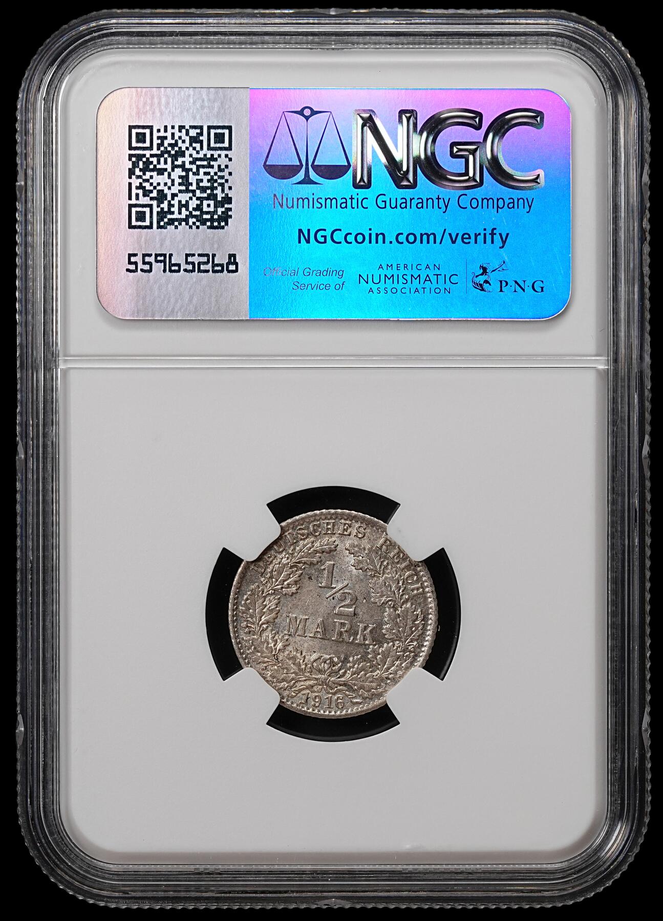 修遠堂世界钱币第八十九期 NGC MS64 1916年德国1/2马克银币 D厂铭