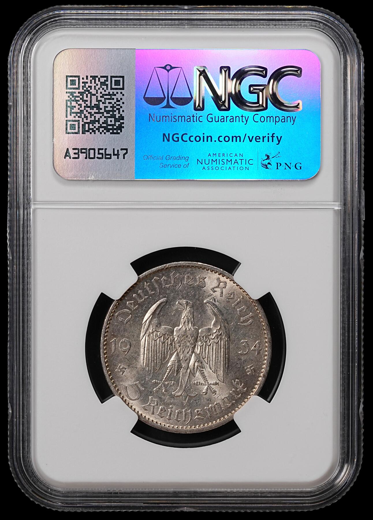 修遠堂世界钱币第八十九期 NGC MS62 1934年德国教堂5马克银币 A厂铭 加字