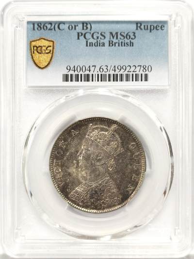 博洋堂世界钱币拍卖第143期（全场包邮） - PCGS MS63 英属印度1862年维多利亚1卢比银币，灰彩包浆