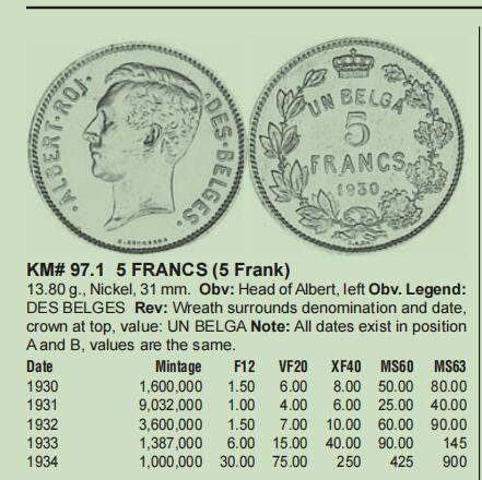 长老汇蛇年精选第六十二场拍卖 1934比利时阿尔贝托一世5法郎镍币，法语版，小年，克书XF40分250美金