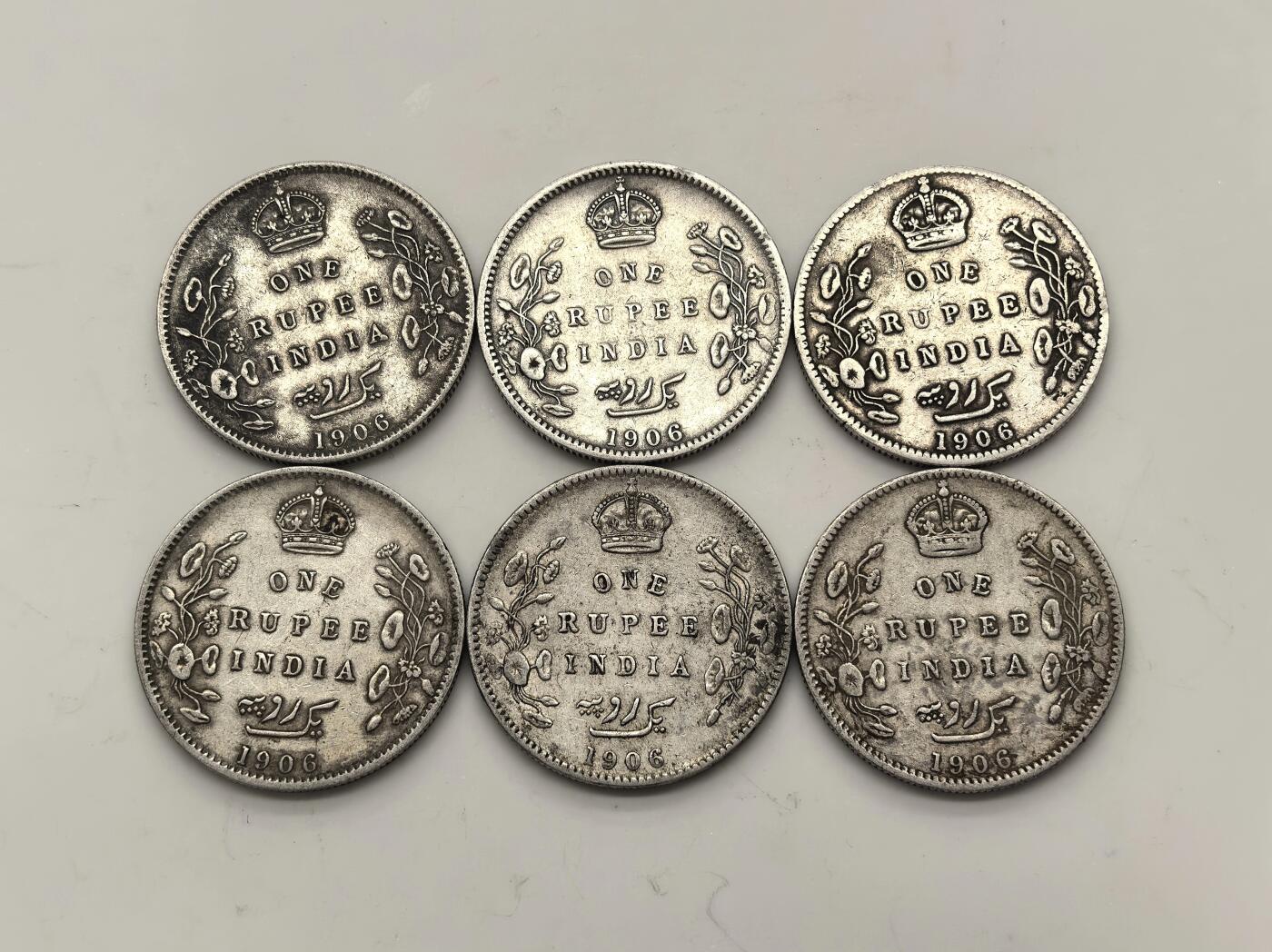 博洋堂世界钱币拍卖第143期（全场包邮） 英属印度1906年爱德华七世1卢比银币6枚一组