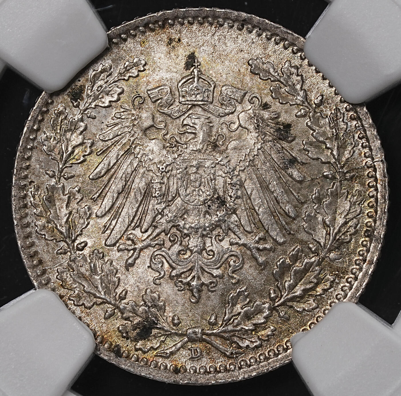 修遠堂世界钱币第八十九期 NGC MS64 1918年德国1/2马克银币 D厂铭