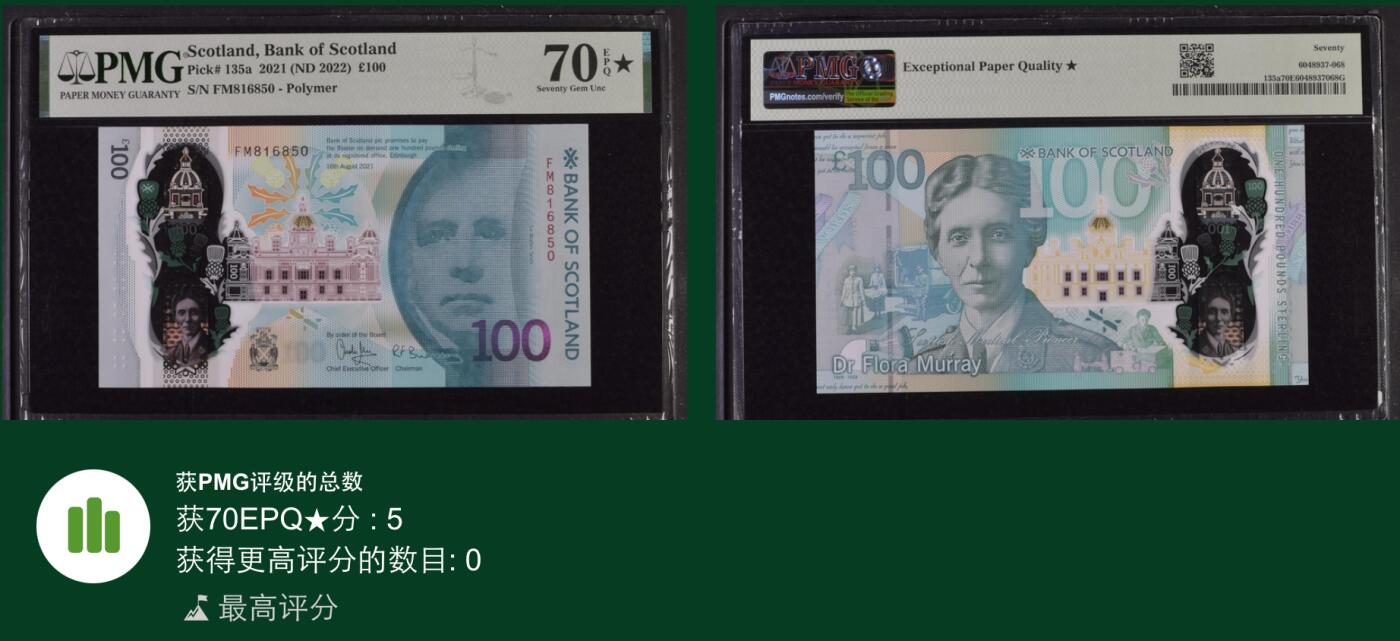 《艾美收藏》第216期-10.19周日外币超白金场 满分 苏格兰100镑 PMG70E 苏格兰银行 2021年塑料钞 满分冠军分 无47