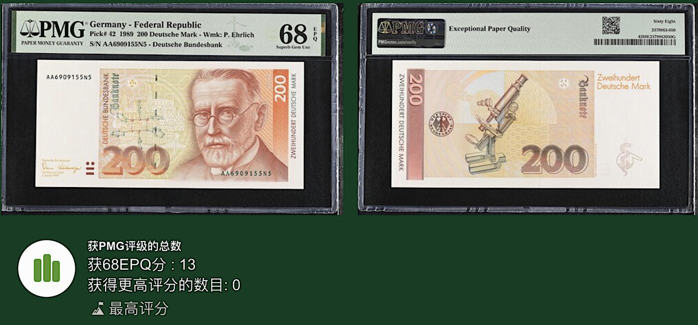 《艾美收藏》第216期-10.19周日外币超白金场 德国200马克 PMG68E 1989年 德国医学家埃尔利希 AA冠 无347冠军分