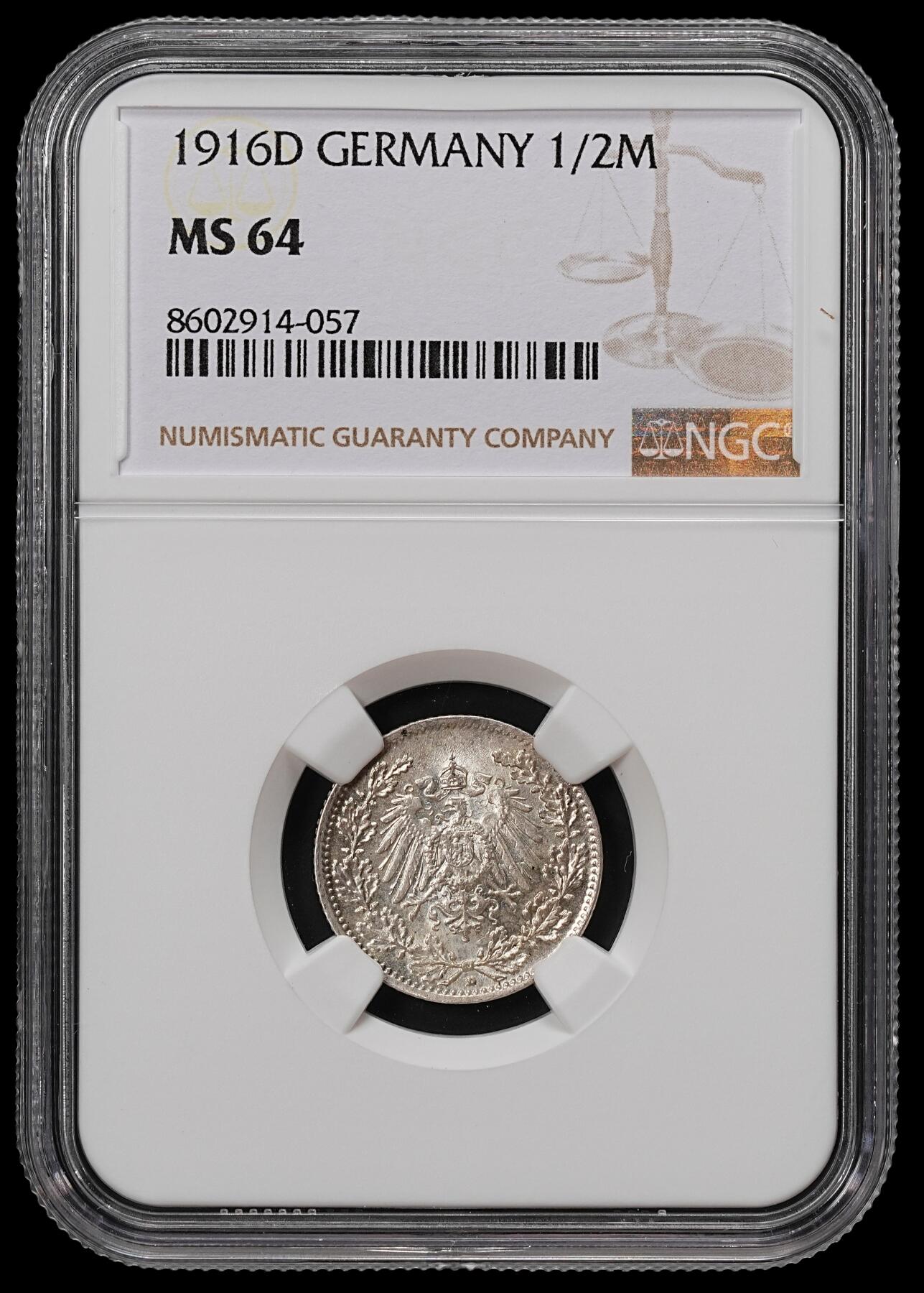 修遠堂世界钱币第八十九期 NGC MS64 1916年德国1/2马克银币 D厂铭