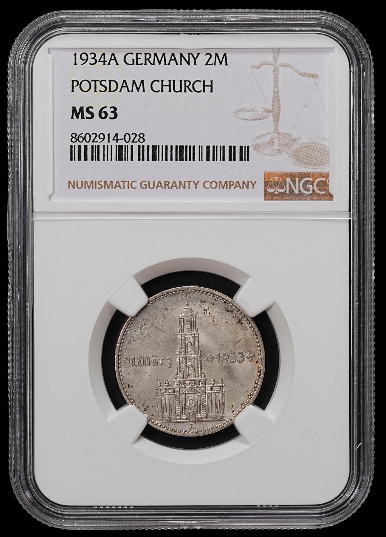 修遠堂世界钱币第八十九期 NGC MS63 1934年德国教堂2马克银币 A厂铭