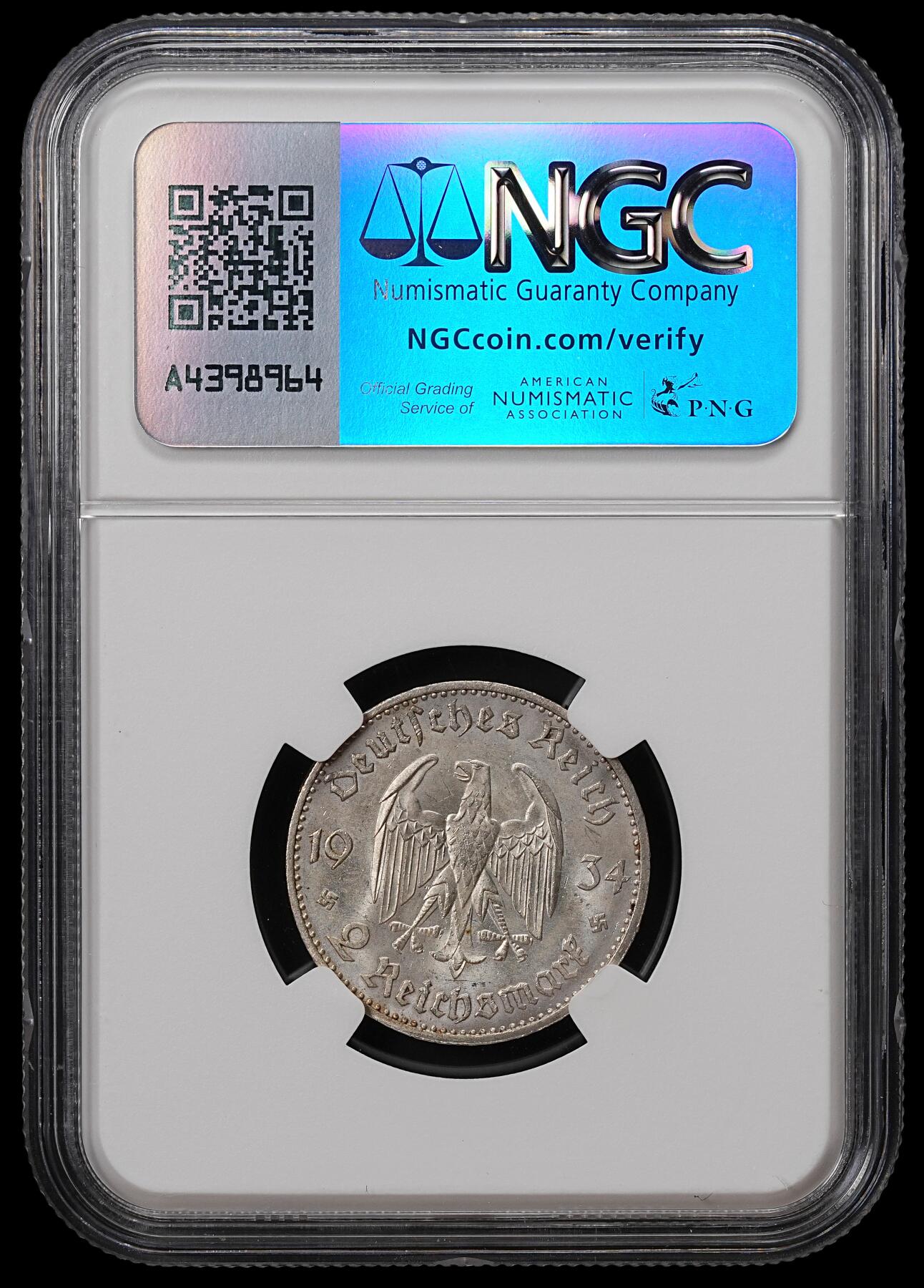 修遠堂世界钱币第八十九期 NGC MS63 1934年德国教堂2马克银币 A厂铭