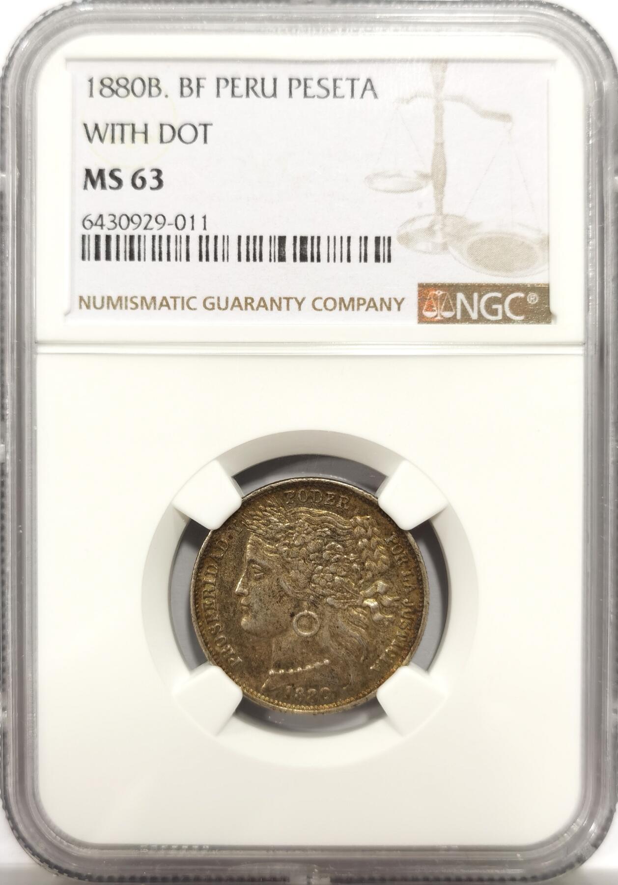 博洋堂世界钱币拍卖第143期（全场包邮） NGC MS63 秘鲁1880年女神比塞塔银币，带点版，五彩包浆