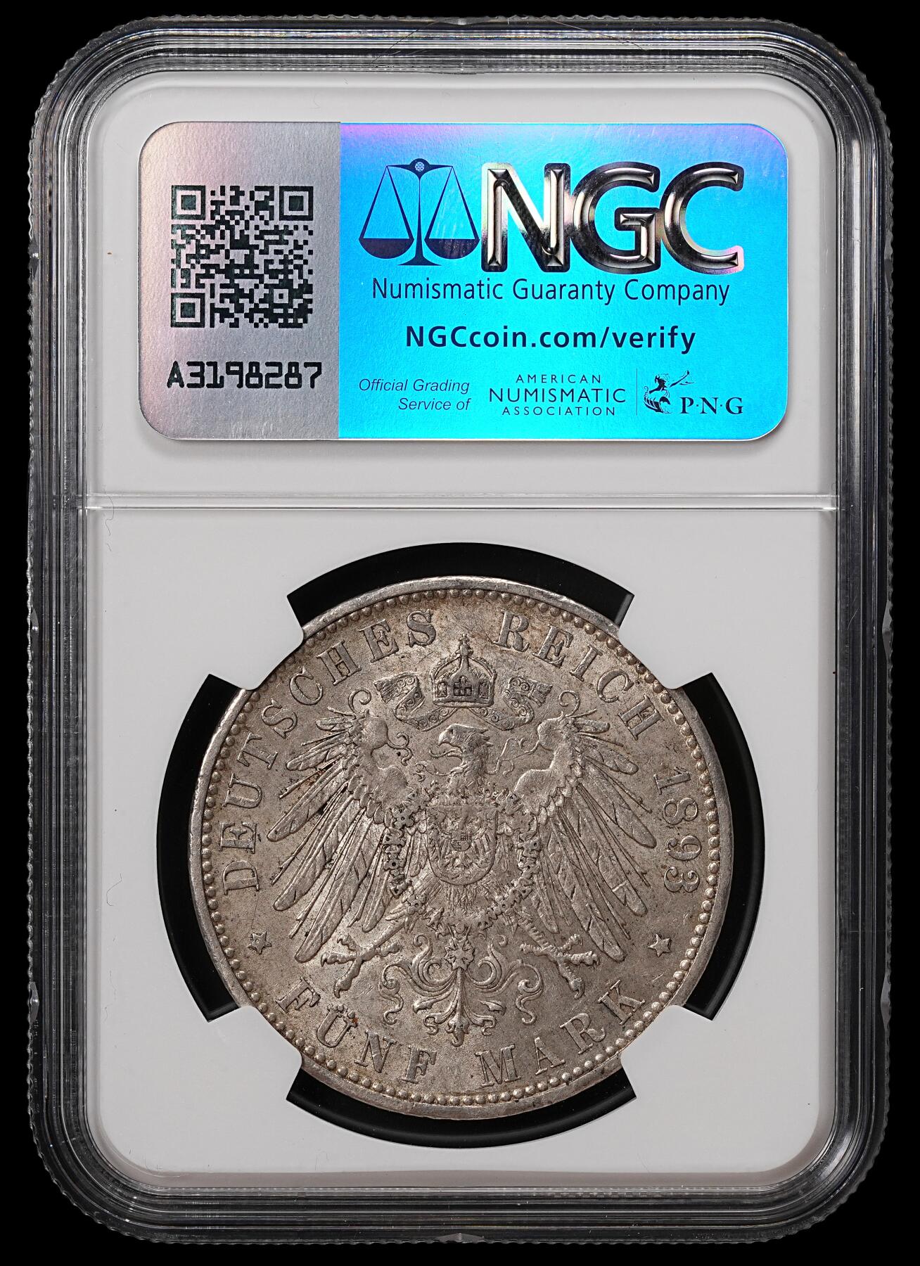 修遠堂世界钱币第八十九期 NGC AU55 1893年巴伐利亚5马克大银币 少见年份 铸造量仅9万多枚