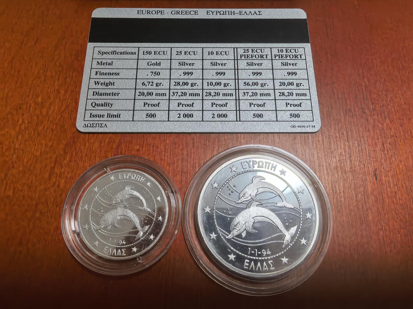 长老汇蛇年精选第六十二场拍卖 珍稀币！1994希腊海豚10+25埃居精制银币2枚套，38克999银，盒证全，2000套