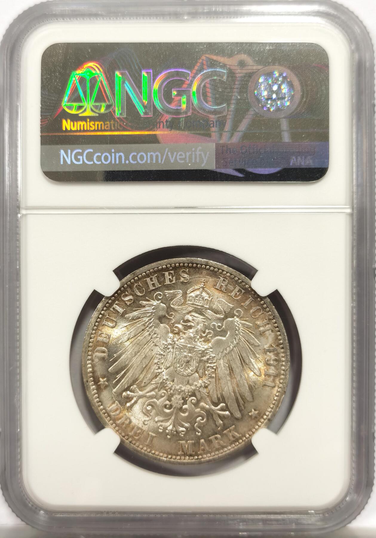 博洋堂世界钱币拍卖第143期（全场包邮） NGC MS65 德国符腾堡1911年银婚纪念3马克银币 高分环彩