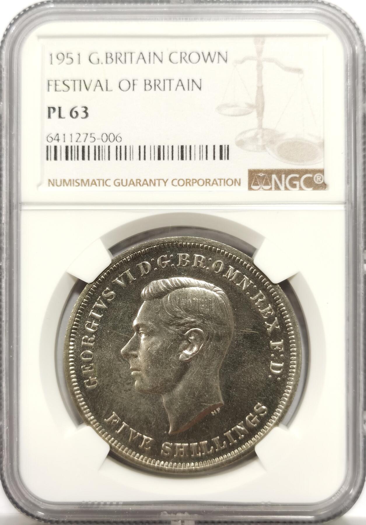 博洋堂世界钱币拍卖第143期（全场包邮） NGC PL63 英国1951年乔治六世马剑克朗币