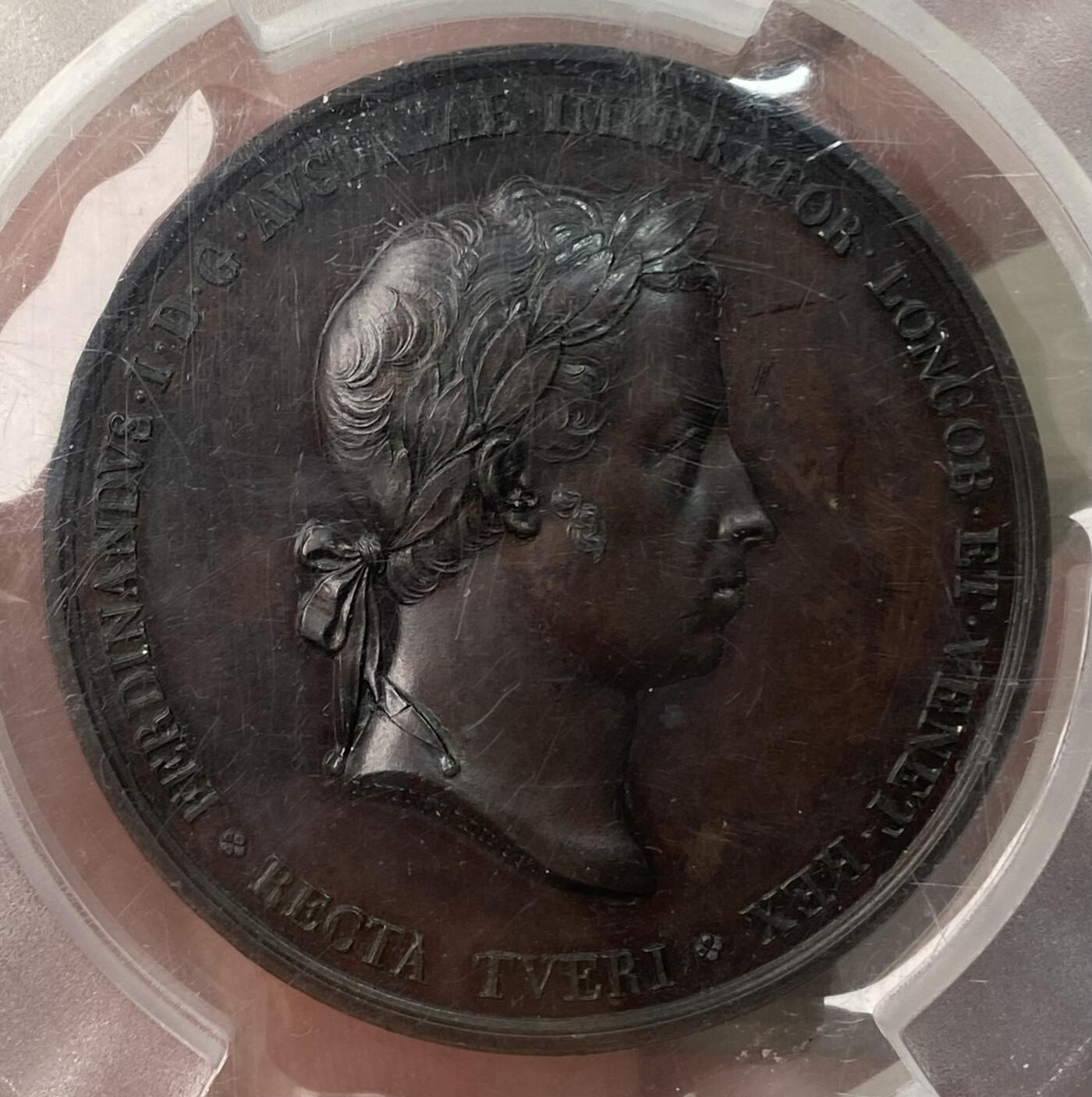 万国钱币拍卖第053期【万国秋季大拍上●周五周六两场连拍】 PCGS SP62 1838年奥地利帝国费迪南一世加冕纪念大铜章 神罗存续之皇 德意志邦联总统、匈牙利国王、克罗地亚国王和波西米亚国王 高浮雕大规格 欧洲古典艺术 PC唯一冠军