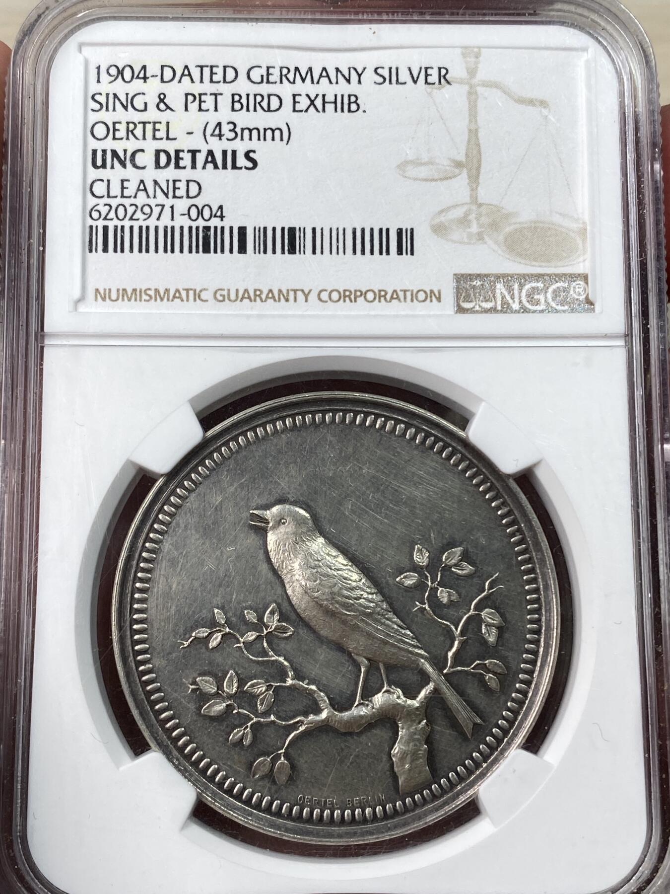 万国钱币拍卖第053期【万国秋季大拍上●周五周六两场连拍】 NGC UNCD 1904年德国宠物鸟展览纪念银章 超漂亮小鸟细节刻画