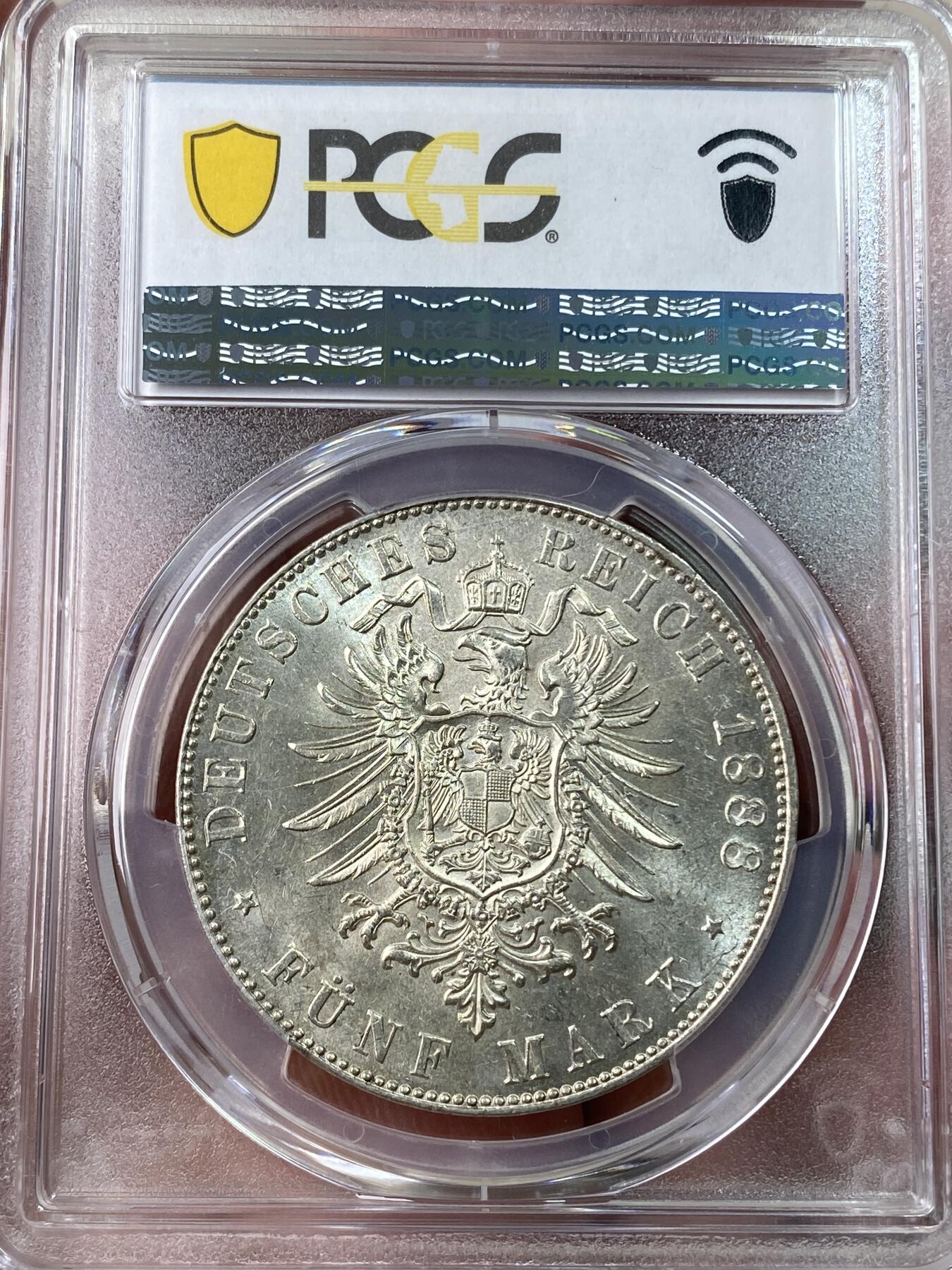 万国钱币拍卖第053期【万国秋季大拍下●周五周六两场连拍】 PCGS MS62 1888年德国汉堡双狮短翅流通5马克 关键年份好品极其难得 银霜转光 更高分仅仅3枚 马克玩家和自由市玩家均不容错过