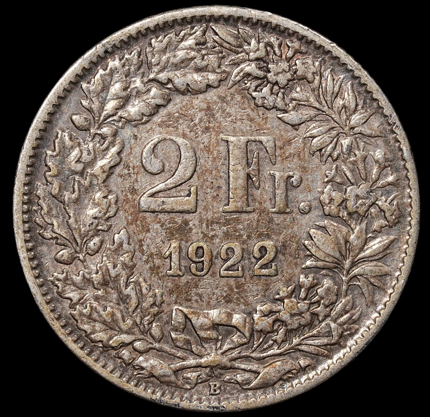 修遠堂世界钱币第八十九期 1922年瑞士2法郎银币 10g，含银83.5%