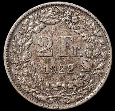 修遠堂世界钱币第八十九期 - 1922年瑞士2法郎银币 10g，含银83.5%