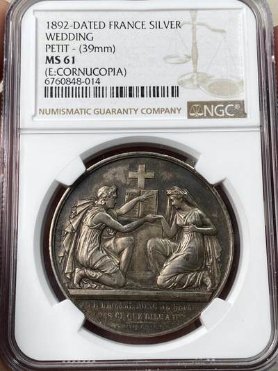 万国钱币拍卖第053期（万国秋季大拍●上） - NGC MS61 1892年法国结婚纪念银章 花体签名