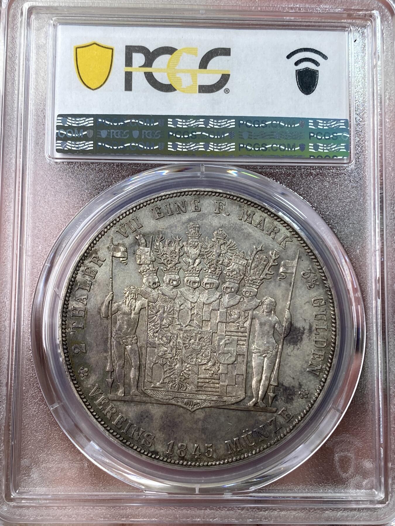 万国钱币拍卖第053期【万国秋季大拍下●周五周六两场连拍】 PCGS AU55 1845年德国施瓦茨堡-桑德斯豪森野人流通2泰勒 德邦时期2泰勒代表之作 独特的纹章设计令人过目难忘 因发行量稀少想入藏一枚好品难度极大 双面原味包浆高点细节极佳