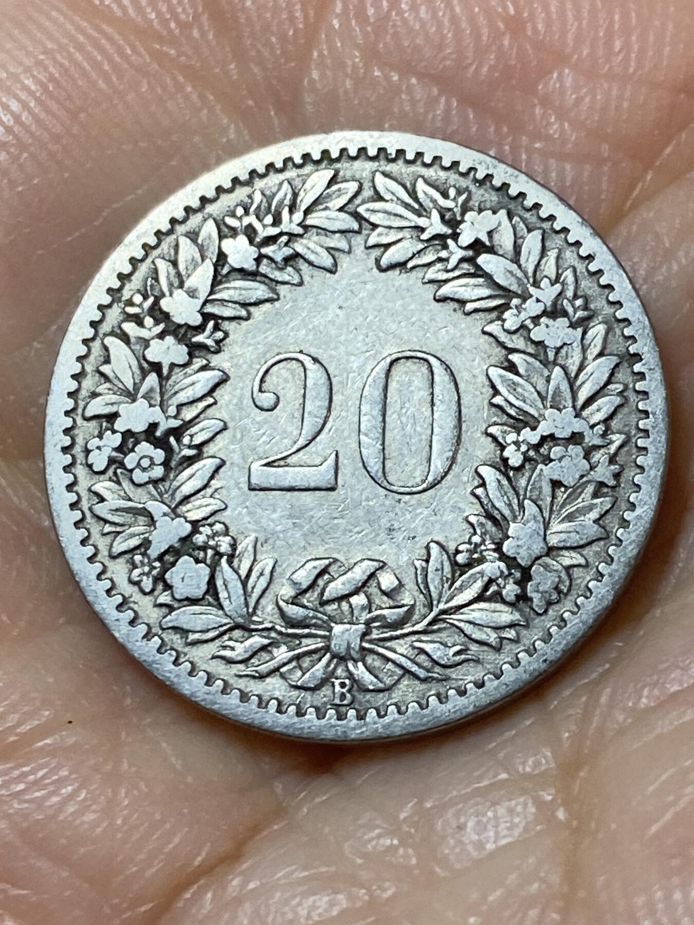 2025年第一百一十三场(总第一百三十九场）瑞士辅币专场(免佣金) 稀少早期年份–瑞士🇨🇭1885年20分(第二版，B标伯尔尼造)