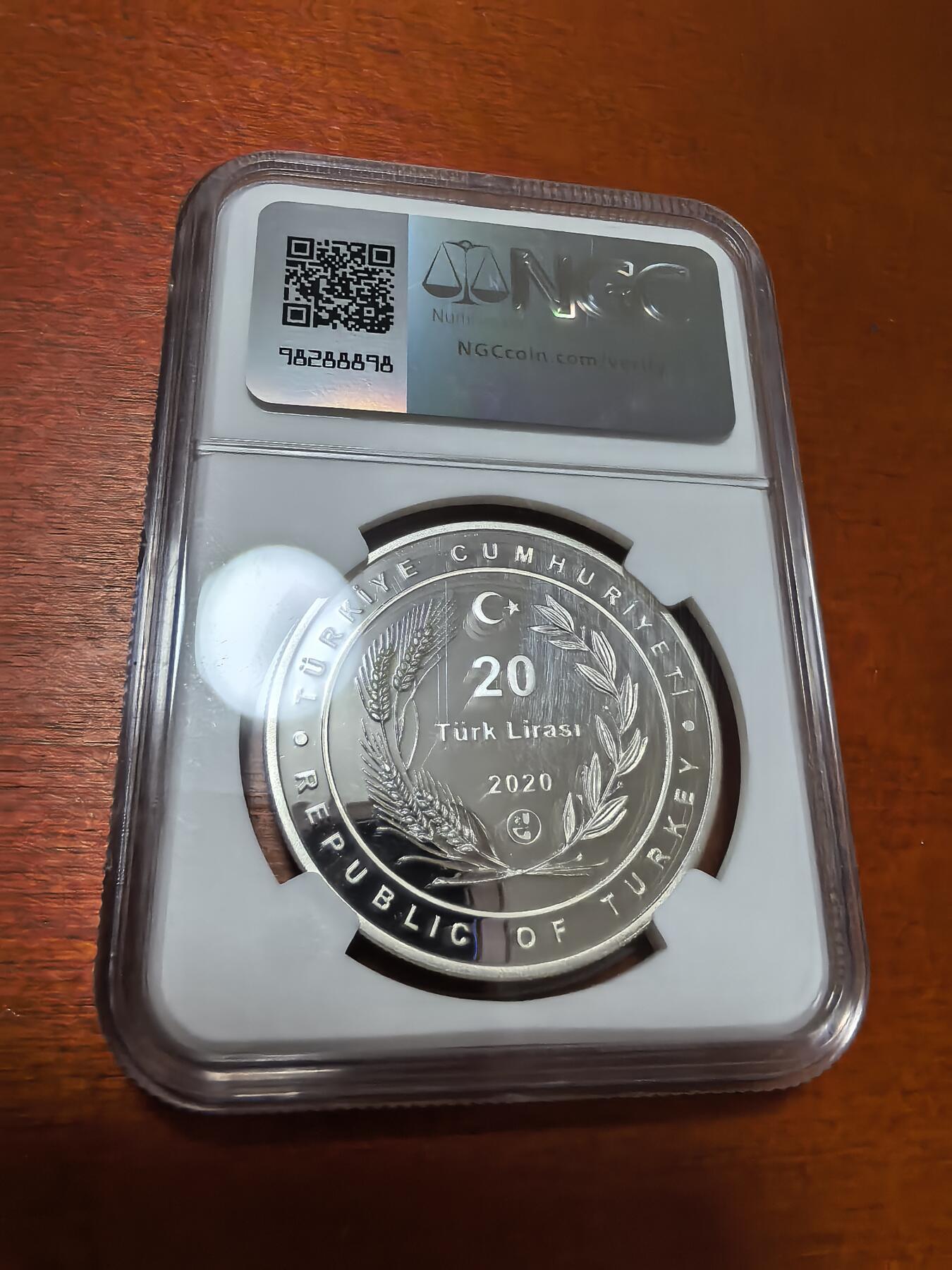 长老汇蛇年精选第六十三场拍卖 2020土耳其环保日三枚套币之二20里拉精制银币，NGC PF67UC，亚军，更高1枚，3000枚