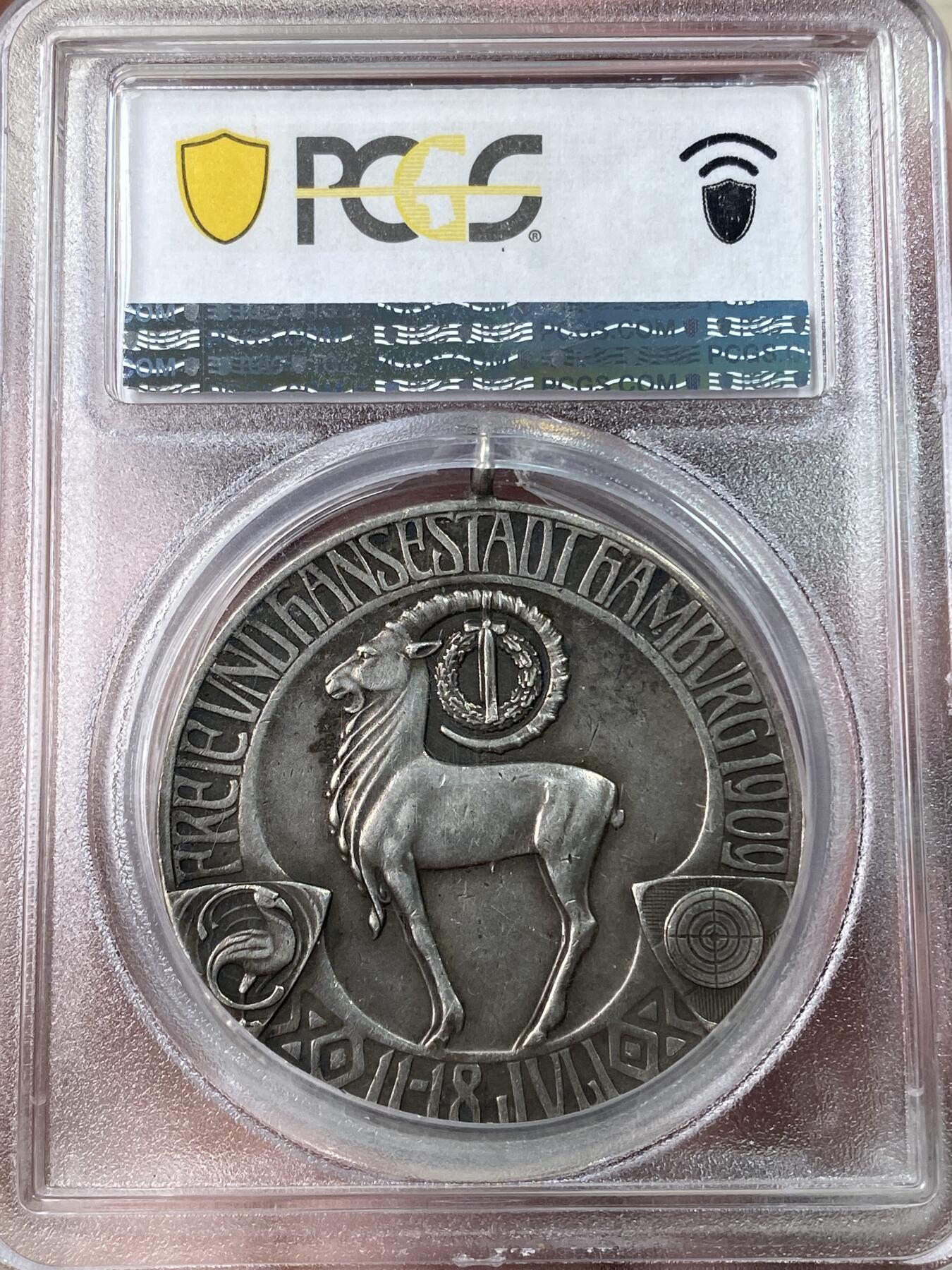 万国钱币拍卖第053期【万国秋季大拍下●周五周六两场连拍】 PCGS MS61 1909年德国汉堡射击节俾斯麦纪念大银章 原铸吊环天鹅绒黑彩 罕见品种