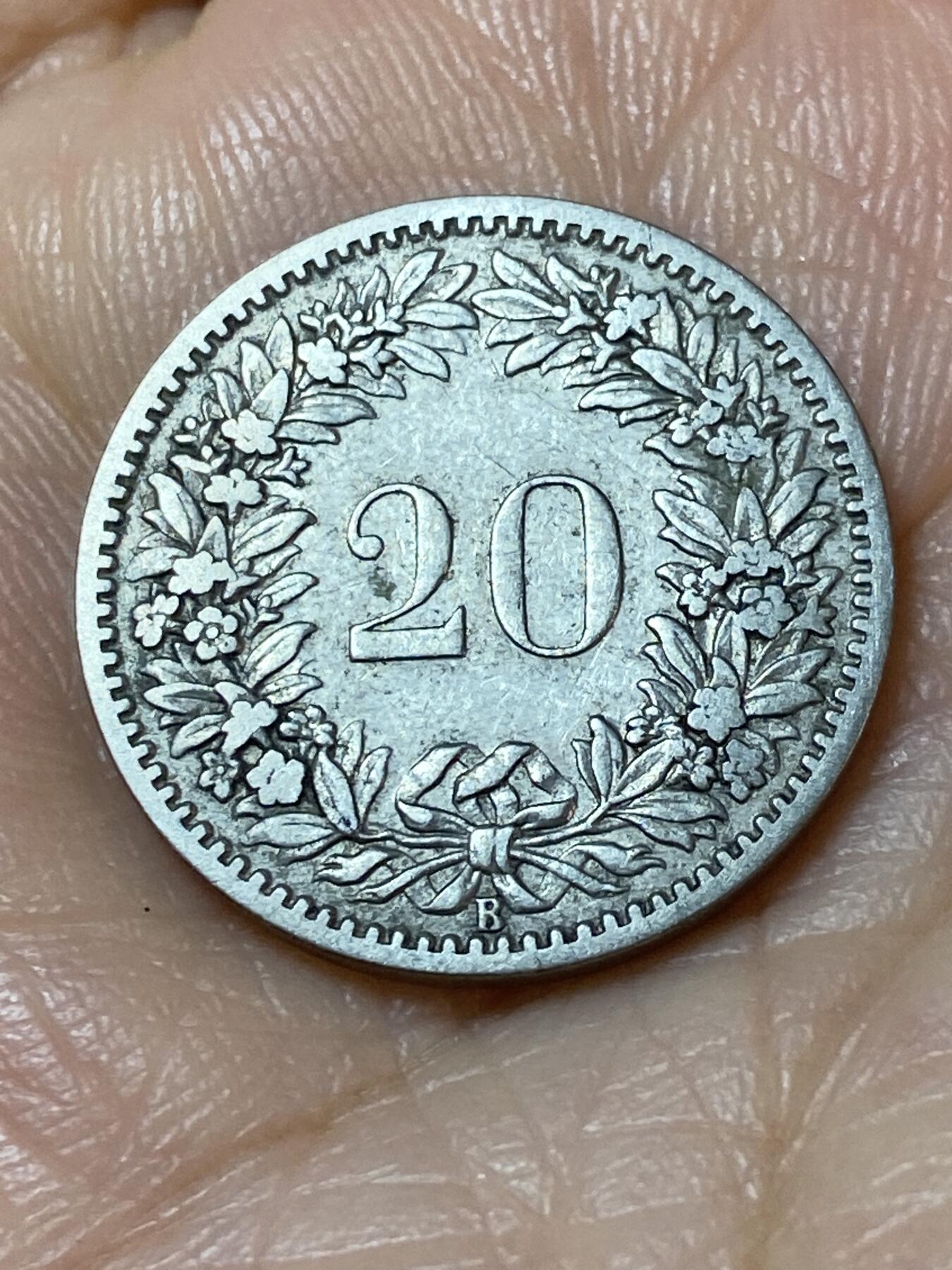 2025年第一百一十三场(总第一百三十九场）瑞士辅币专场(免佣金) 稀少早期年份–瑞士🇨🇭1885年20分(第二版，B标伯尔尼造)