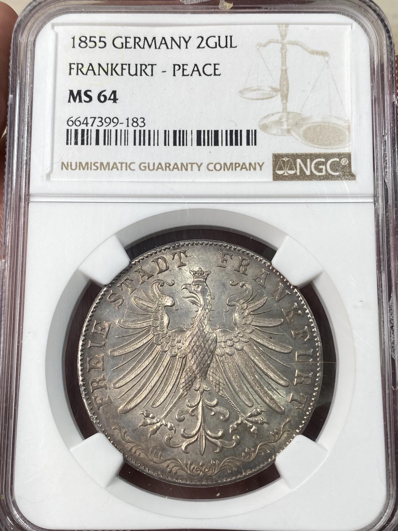 万国钱币拍卖第053期【万国秋季大拍上●周五周六两场连拍】 NGC MS64 1855年德国法兰克福宗教和平纪念2古尔登银币 原味转光好品法兰克福大银