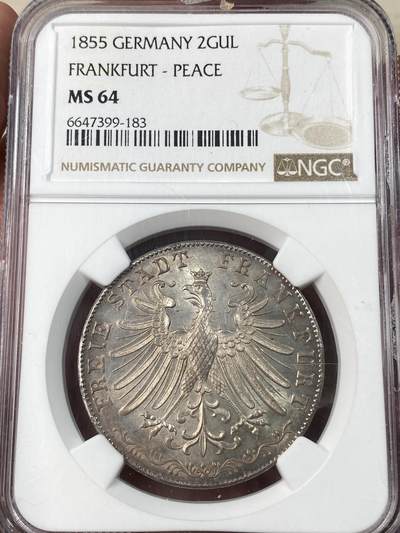 万国钱币拍卖第053期【万国秋季大拍上●周五周六两场连拍】 - NGC MS64 1855年德国法兰克福宗教和平纪念2古尔登银币 原味转光好品法兰克福大银