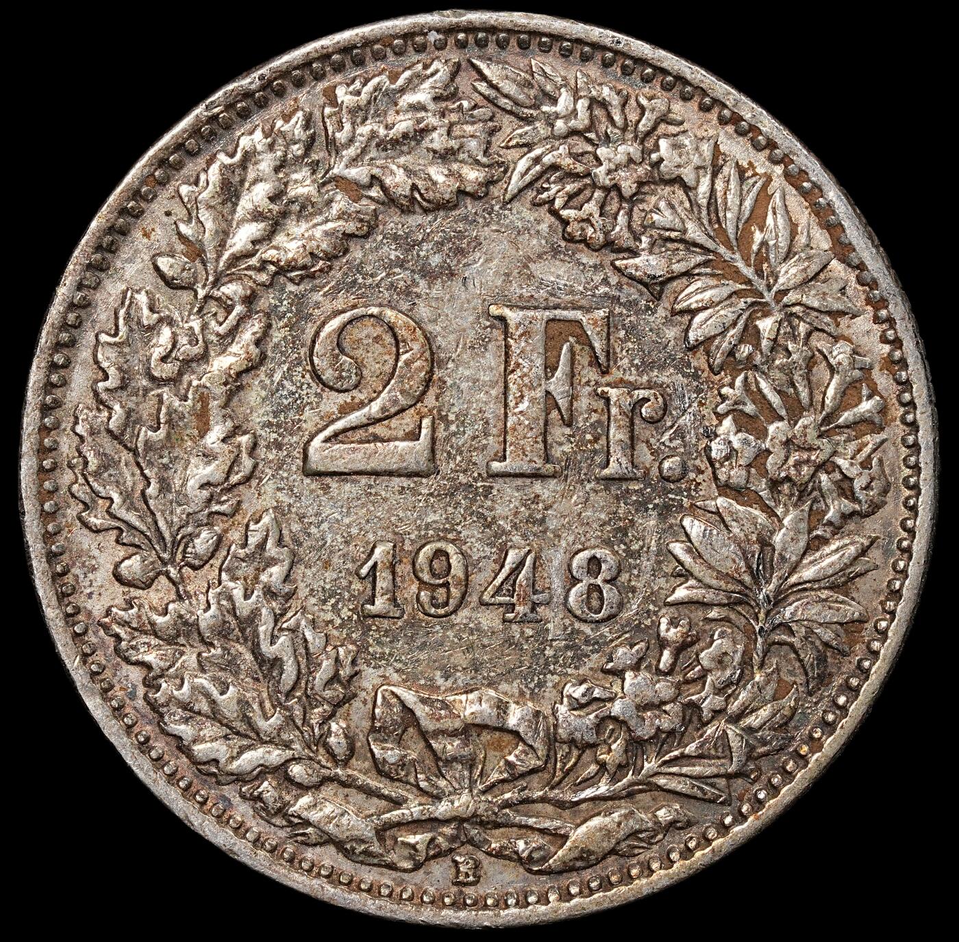 修遠堂世界钱币第八十九期 1948年瑞士2法郎银币 10g，含银83.5%