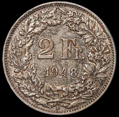 修遠堂世界钱币第八十九期 - 1948年瑞士2法郎银币 10g，含银83.5%