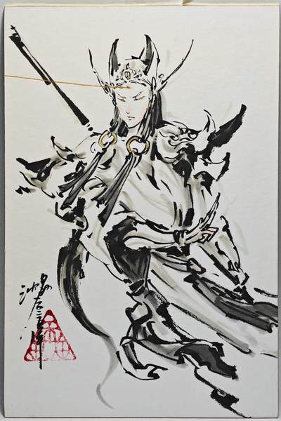 白泽拍卖卡牌手绘专场第26期（霜降天寒蝉噤语，风高夜冷桂留香） - 2025 沈鑫手绘大卡 二郎神 尺寸：9.8cm*14.8cm  沈鑫亲签