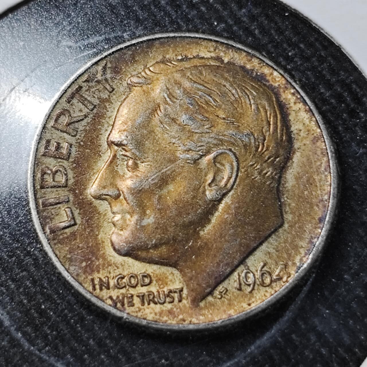 KK钱币收藏小铺  （套币 批量/好品散币 银币）专场  2月预留时间 周末发货   1964美国10分银币 带彩漂亮！
