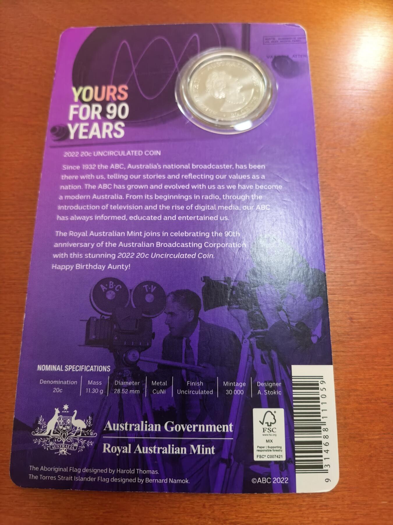长老汇蛇年精选第六十三场拍卖 2022澳大利亚纪念ABC（国家广播机构）90周年20分铜镍币，卡装，3万枚