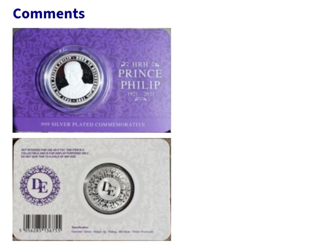 2025年第一百一十二场(总第一百三十八场）外国好品散币(免佣金) 英国🇬🇧2021年精制镀银纪念章(直径32mm，重9克，菲利普亲王逝世纪念章)