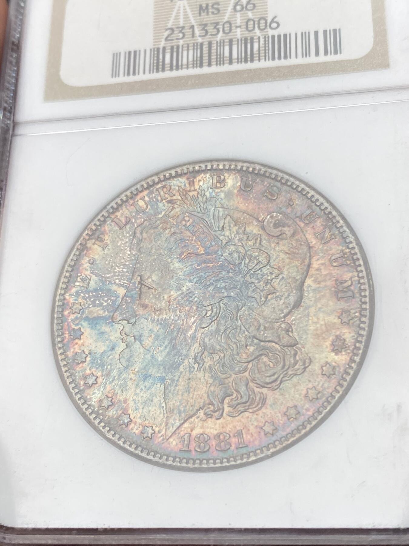 万国钱币拍卖第053期【万国秋季大拍下●周五周六两场连拍】 NGC MS66 1881年S版美国摩根女神一美元银币 均匀醇厚金属七彩 NGC老盒 GEM顶级品质难得