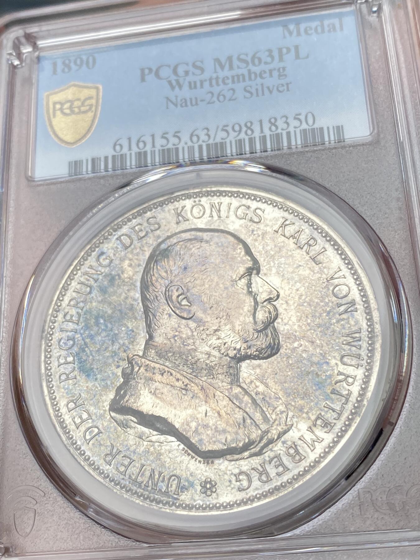 万国钱币拍卖第053期【万国秋季大拍下●周五周六两场连拍】 PCGS MS63PL 1890年德国符腾堡乌尔姆大教堂落成纪念大银章 41MM 33G 名誉品种 高浮雕深五彩包浆极美 类镜面精制状态 高分极其不易 刚刚结束的德国本土拍卖62PL成交价约合人民币8000元